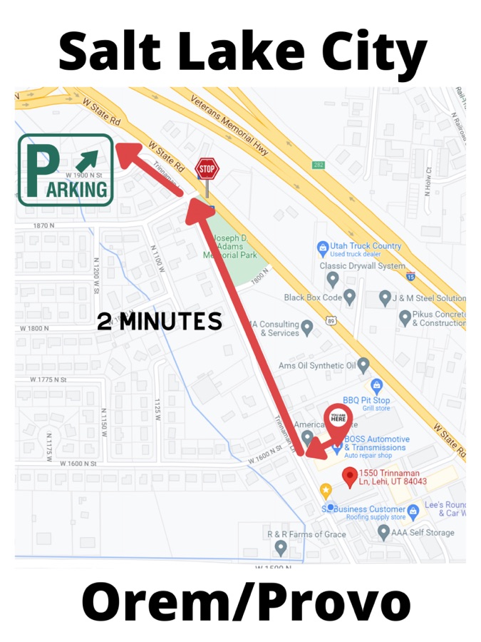 Map showing the employee parking lot off W 1900 N Street, a 2-minute walk from the Petersen Painting shop at 1550 N Trinnaman Lane, Lehi, Utah.